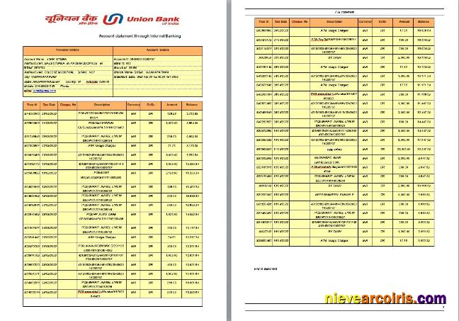 India Union Bank statement, Word and PDF format, 2 pages